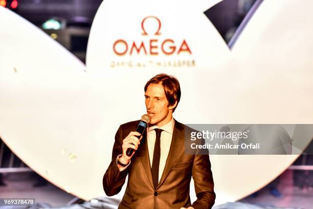 Argentine presenter Ivan de Pineda speaks during the release of the official OMEGA countdown clock 120 days ahead of Youth Olympic Games Buenos Aires...
