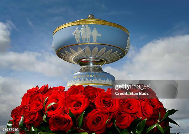 The Walter Hagen Cup Trophy on display a the first tee box during the final round of the World Golf Championships-Accenture Match Play Championship...