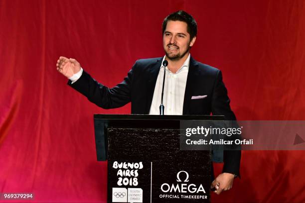 Gregoire Sierro, Omega Latin America Brand Manger talks during the release of the official OMEGA countdown clock 120 days ahead of Youth Olympic...
