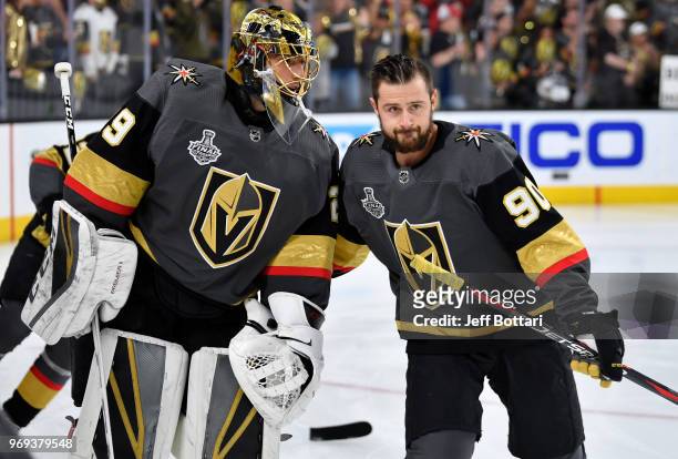 Marc-Andre Fleury and Tomas Tatar of the Vegas Golden Knights warm up prior to Game Five of the Stanley Cup Final against the Washington Capitals...