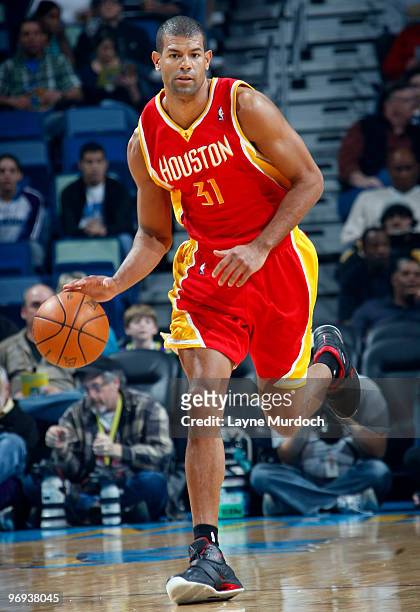 Shane Battier of the Houston Rockets drives against the New Orleans Hornets on February 21, 2010 at the New Orleans Arena in New Orleans, Louisiana....
