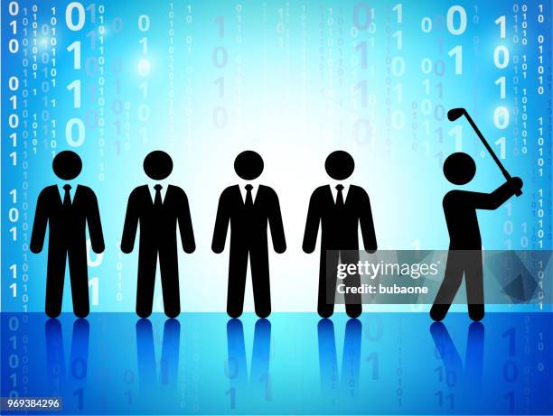 businessmen playing golf on on binary code blue background - man on plain background stock illustrations