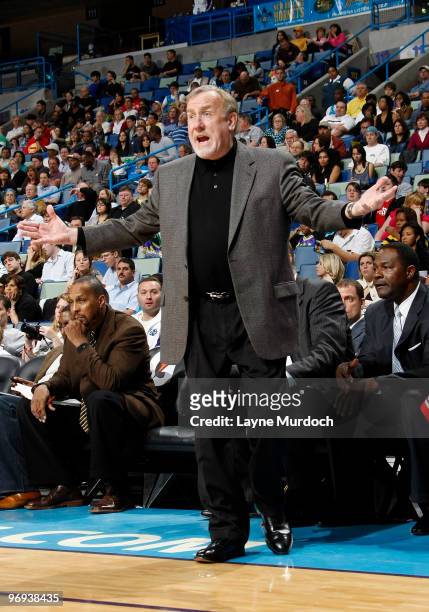 Head coach Rick Adelman of the Houston Rockets reacts on the bench during a game against the New Orleans Hornets on February 21, 2010 at the New...