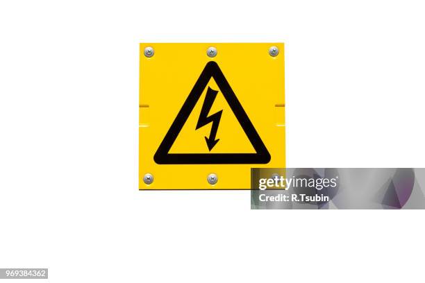 yellow danger of death warning sign isolated on white - blitze freisteller stock-fotos und bilder