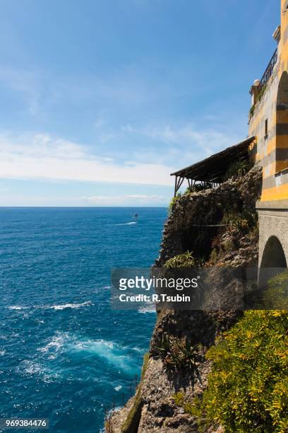 view from the cliff near church in portofino village, ligurian coast, italy - ligurian stock pictures, royalty-free photos & images