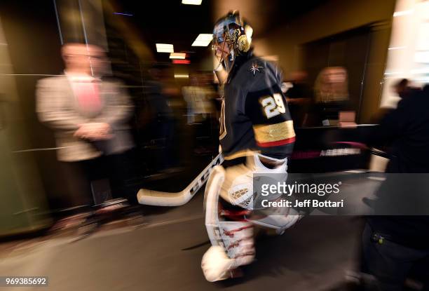 Marc-Andre Fleury of the Vegas Golden Knights returns to the locker room after warm-ups prior to Game Five of the Stanley Cup Final against the...