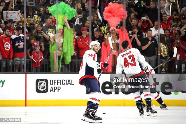 John Carlson of the Washington Capitals skates in warm-ups prior to the game against the Vegas Golden Knights in Game Five of the 2018 NHL Stanley...