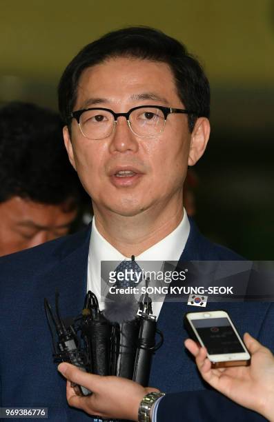 South Korea's Vice Unification Minister Chun Hae-sung speaks to the media before leaving for North Korea to attend the opening of a liaison office in...
