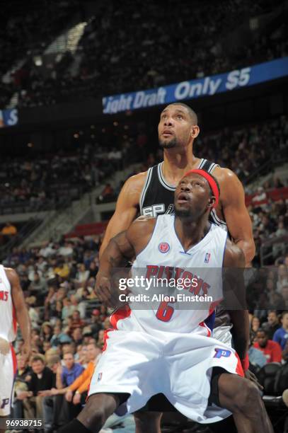 Ben Wallace of the Detroit Pistons boxing out Tim Duncan of the San Antonio Spurs in a game at the Palace of Auburn Hills on February 21, 2010 in...