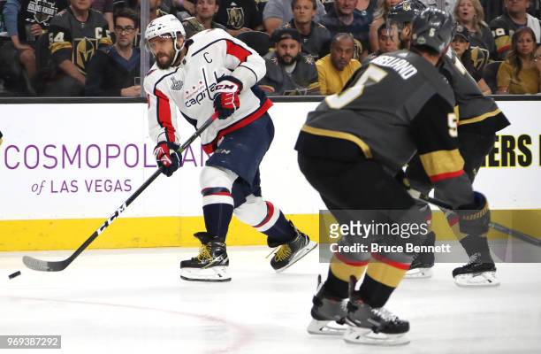 Alex Ovechkin of the Washington Capitals takes a shot against the Vegas Golden Knights during the first period in Game Five of the 2018 NHL Stanley...