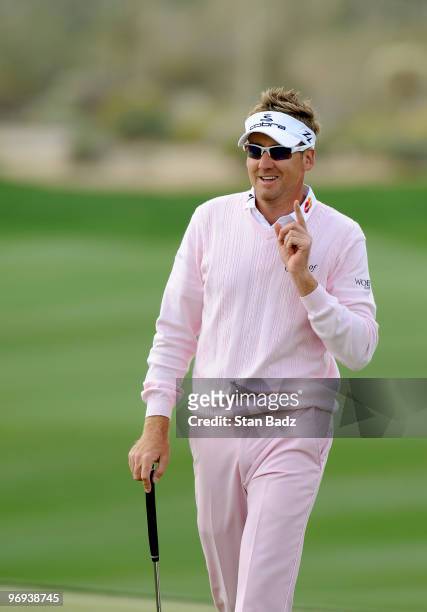 Ian Poulter of England smiles as he exits the 13th green during the final round of the World Golf Championships-Accenture Match Play Championship at...