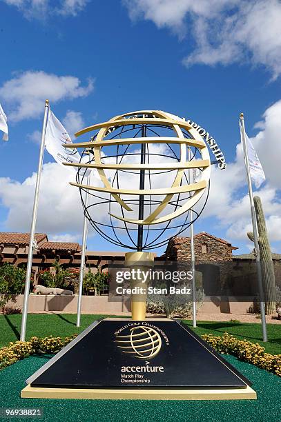 The Accenture Globe is on display at the the clubhouse during the final round of the World Golf Championships-Accenture Match Play Championship at...