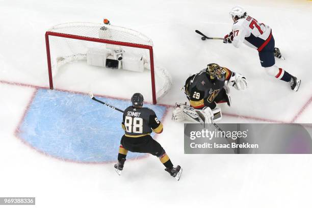 Marc-Andre Fleury of the Vegas Golden Knights defends a shot from T.J. Oshie of the Washington Capitals during the first period in Game Five of the...