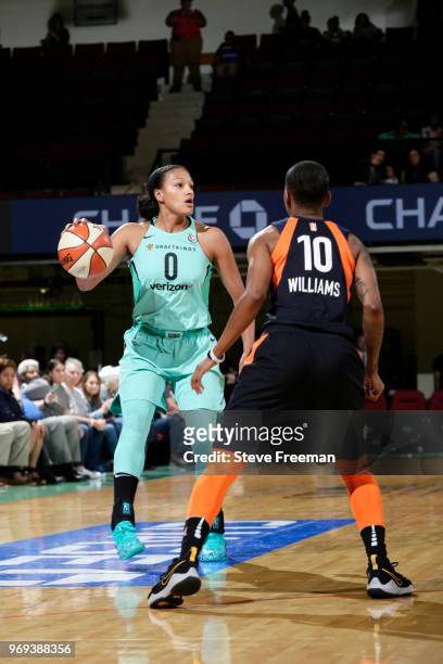 Marissa Coleman of the New York Liberty handles the ball against the Connecticut Sun on June 7, 2018 at Westchester County Center in White Plains,...