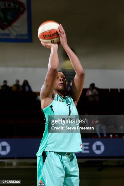 Kia Vaughn of the New York Liberty shoots the ball against the Connecticut Sun on June 7, 2018 at Westchester County Center in White Plains, New...