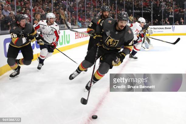 Luca Sbisa of the Vegas Golden Knights carries the puck against the Washington Capitals during the first period in Game Five of the 2018 NHL Stanley...