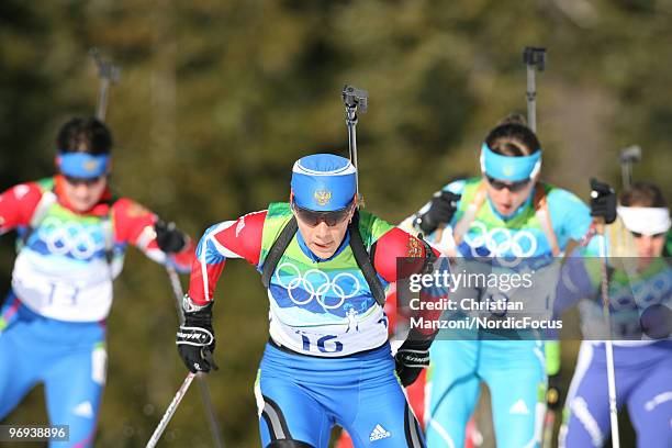 Olga Zaitseva of Russia competes during the women's 12.5km mass start at the Olympic Winter Games Vancouver 2010 biathlon on February 21, 2010 in...