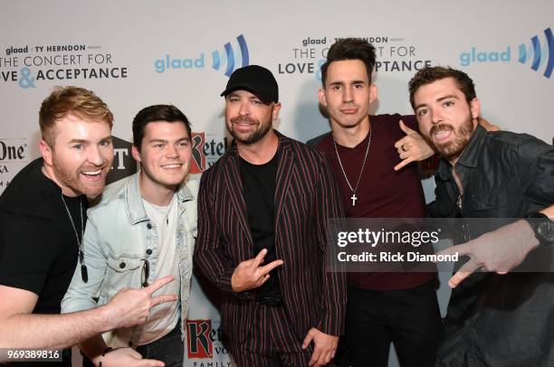 Chase McDaniel, Chris Chavez, Randy Austin, Blake Whitlock of 4 + Main and Cody Alan attend the GLAAD + TY HERNDON's 2018 Concert for Love &...