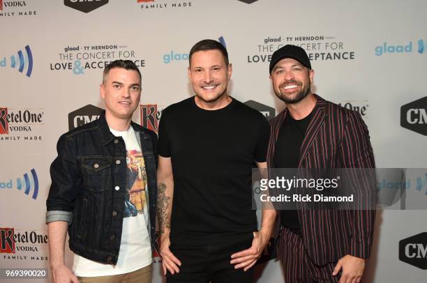 Zeke Stokes, Ty Herndon and Cody Alan attend the GLAAD + TY HERNDON's 2018 Concert for Love & Acceptance at Wildhorse Saloon on June 7, 2018 in...
