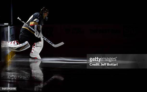 Marc-Andre Fleury of the Vegas Golden Knights takes the ice prior to the second period in Game Five of the Stanley Cup Final against the Washington...