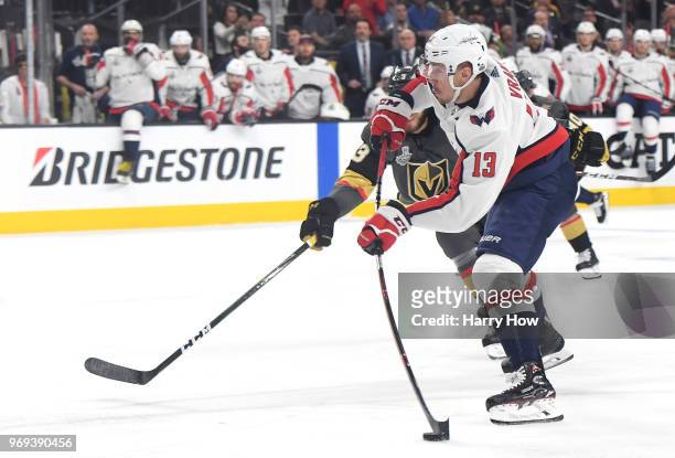 Jakub Vrana of the Washington Capitals scores a second-period goal against the Vegas Golden Knights in Game Five of the 2018 NHL Stanley Cup Final at...