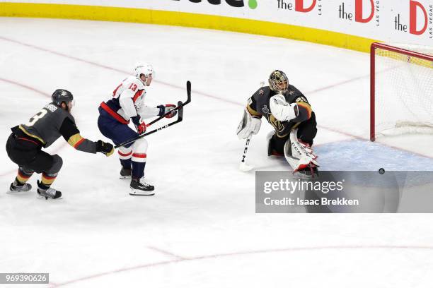 Jakub Vrana of the Washington Capitals scores a second-period goal past Marc-Andre Fleury of the Vegas Golden Knights in Game Five of the 2018 NHL...