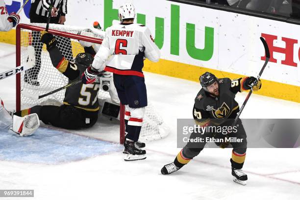 Tomas Tatar of the Vegas Golden Knights celebrates after assisting teammate David Perron on a second-period goal against the Washington Capitals in...