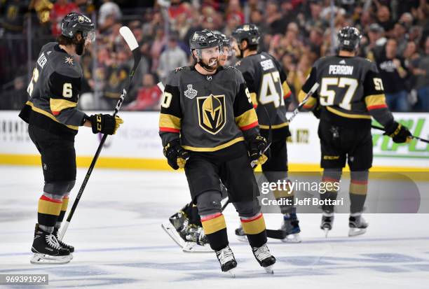 Tomas Tatar of the Vegas Golden Knights celebrates after scoring a goal during the second period against the Washington Capitals in Game Five of the...