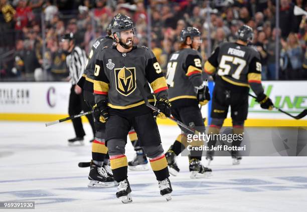 Tomas Tatar of the Vegas Golden Knights celebrates after scoring a goal during the second period against the Washington Capitals in Game Five of the...