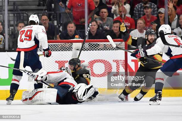 Tomas Tatar of the Vegas Golden Knights celebrates after scoring a goal on Braden Holtby of the Washington Capitals during the second period in Game...