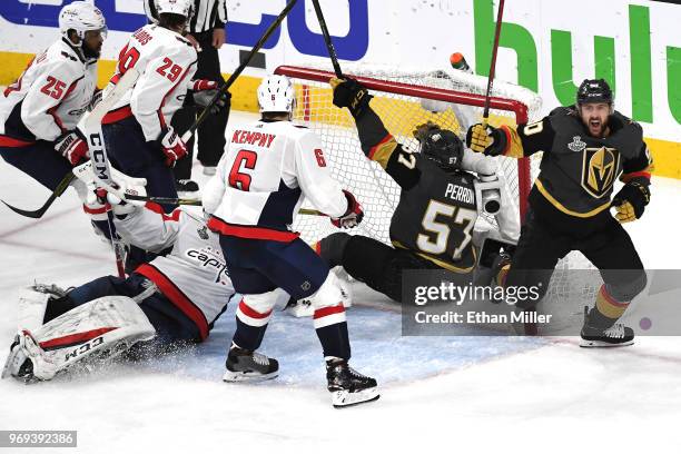 Tomas Tatar of the Vegas Golden Knights celebrates after assisting teammate David Perron on a second-period goal against the Washington Capitals in...