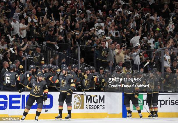 Nate Schmidt of the Vegas Golden Knights celebrates his goal with teammates during the second period of Game Five of the 2018 NHL Stanley Cup Final...