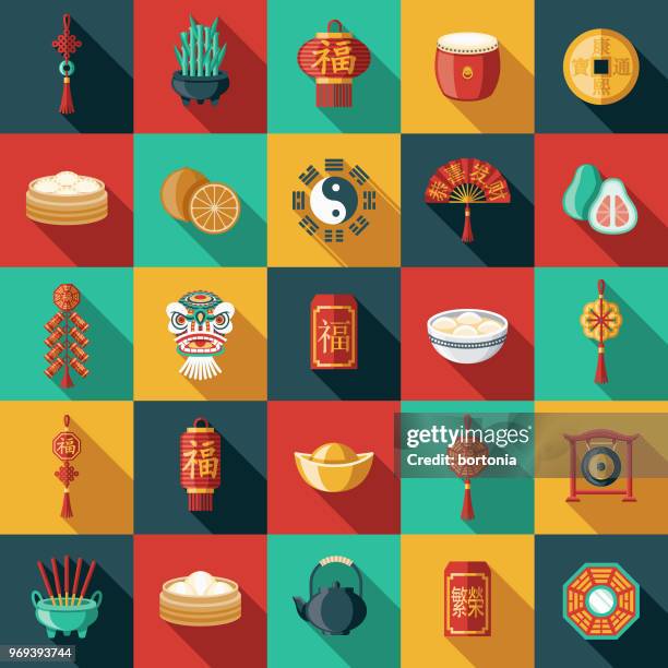 illustrazioni stock, clip art, cartoni animati e icone di tendenza di set di icone del design piatto di capodanno cinese - chinese new year vector