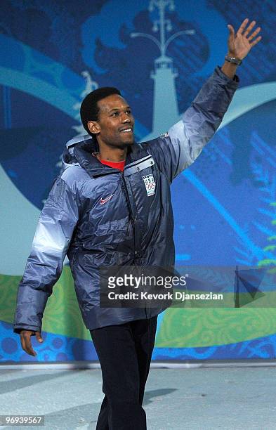 Shani Davis of United States celebrates his Silver medal during the medal ceremony for the Men�s 1500m Speed Skatingon day 10 of the Vancouver 2010...