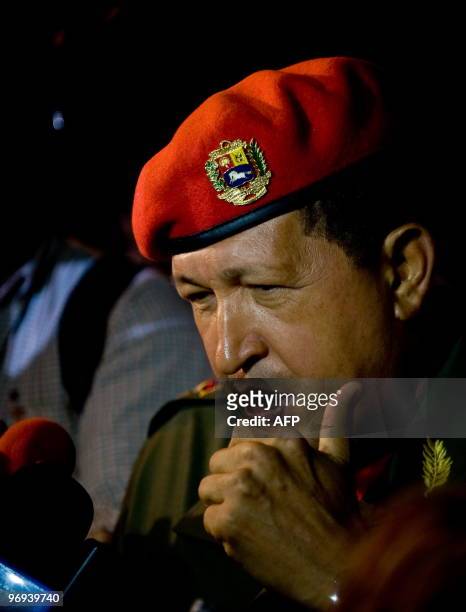 Venezuelan President Hugo Chavez talks with journalist upon his arrival in Cancun, Mexico, on February 21, 2010. Chavez is in Mexico for the Rio...