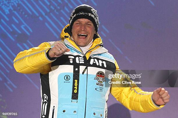 Tobias Angerer of Germany celebrates his Silver medal during the medal ceremony for the Men�s Cross Country 30km Pursuiton day 10 of the Vancouver...