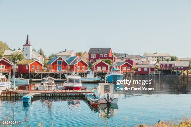 typical view of lofoten island, norway - rorbu stock pictures, royalty-free photos & images