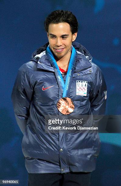 Apolo Anton Ohno of United States celebrates his Bronze medal during the medal ceremony for the Men�s 1000m Short Track Speed Skating on day 10 of...