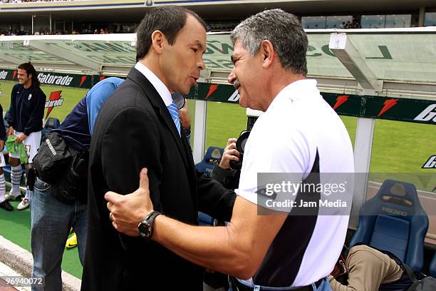 Coach Jose Guadalupe Cruz of Atlante and coach Ricardo Ferretti of Pumas as part of 2010 Bicentenario Tournament at Olympic stadium on February 21,...