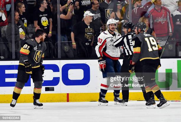 Vegas Golden Knights and Washington Capitals players fight after a goal by Reilly Smith of the Vegas Golden Knights during the second period in Game...