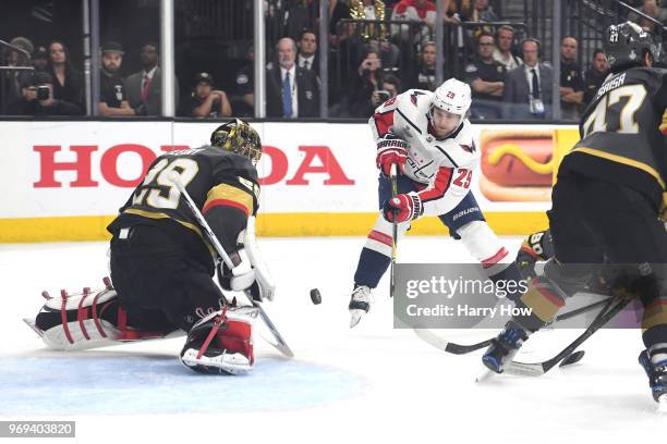 Christian Djoos of the Washington Capitals takes a shot on \Marc-Andre Fleury of the Vegas Golden Knights during the second period in Game Five of...