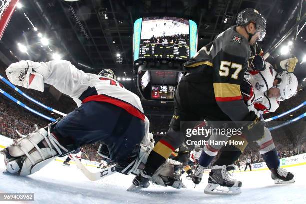 David Perron of the Vegas Golden Knights scores a goal past Braden Holtby of the Washington Capitals dsecond period in Game Five of the 2018 NHL...