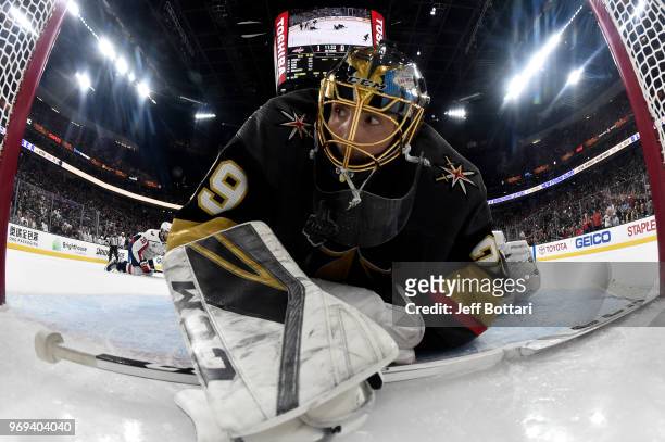 Marc-Andre Fleury of the Vegas Golden Knights saves a shot during the second period against the Washington Capitals in Game Five of the Stanley Cup...