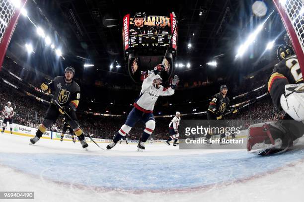 Evgeny Kuznetsov celebrates after a goal by Alex Ovechkin of the Washington Capitals during the second period against the Vegas Golden Knights in...