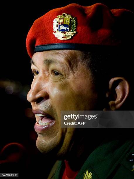 Venezuelan President Hugo Chavez talks with journalist upon his arrival in Cancun, Mexico, on February 21, 2010. Chavez is in Mexico for the Rio...