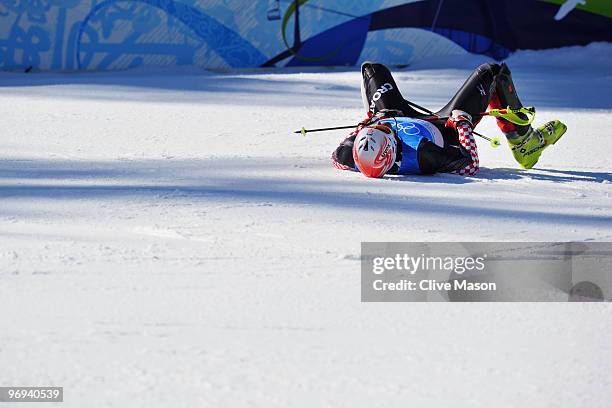 Silver medalist Ivica Kostelic of Croatia celebrates during the Alpine Skiing Men's Super Combined Slalom on day 10 of the Vancouver 2010 Winter...