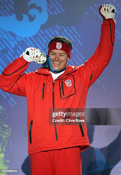 Andreas Matt of Austria celebrates his Silver medal during the medal ceremony in the Men�s Freestyle Skiing Ski Cross on day 10 of the Vancouver 2010...