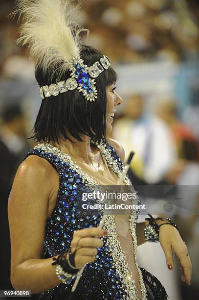 Queen of the drums of Unidos da Tijuca Samba School, Adriane Galisteu dances during Rio de Janeiro's Carnival Champions Parade at Marques de Sapucai...