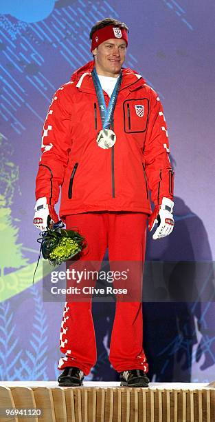 Ivica Kostelic of Croatia celebrates his Silver medal during the medal ceremony for the Men�s Alpine Skiing Super Combined on day 10 of the Vancouver...