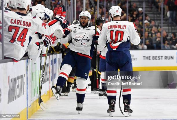 Devante Smith-Pelly of the Washington Capitals celebrates after scoring a goal during the third period against the Vegas Golden Knights in Game Five...